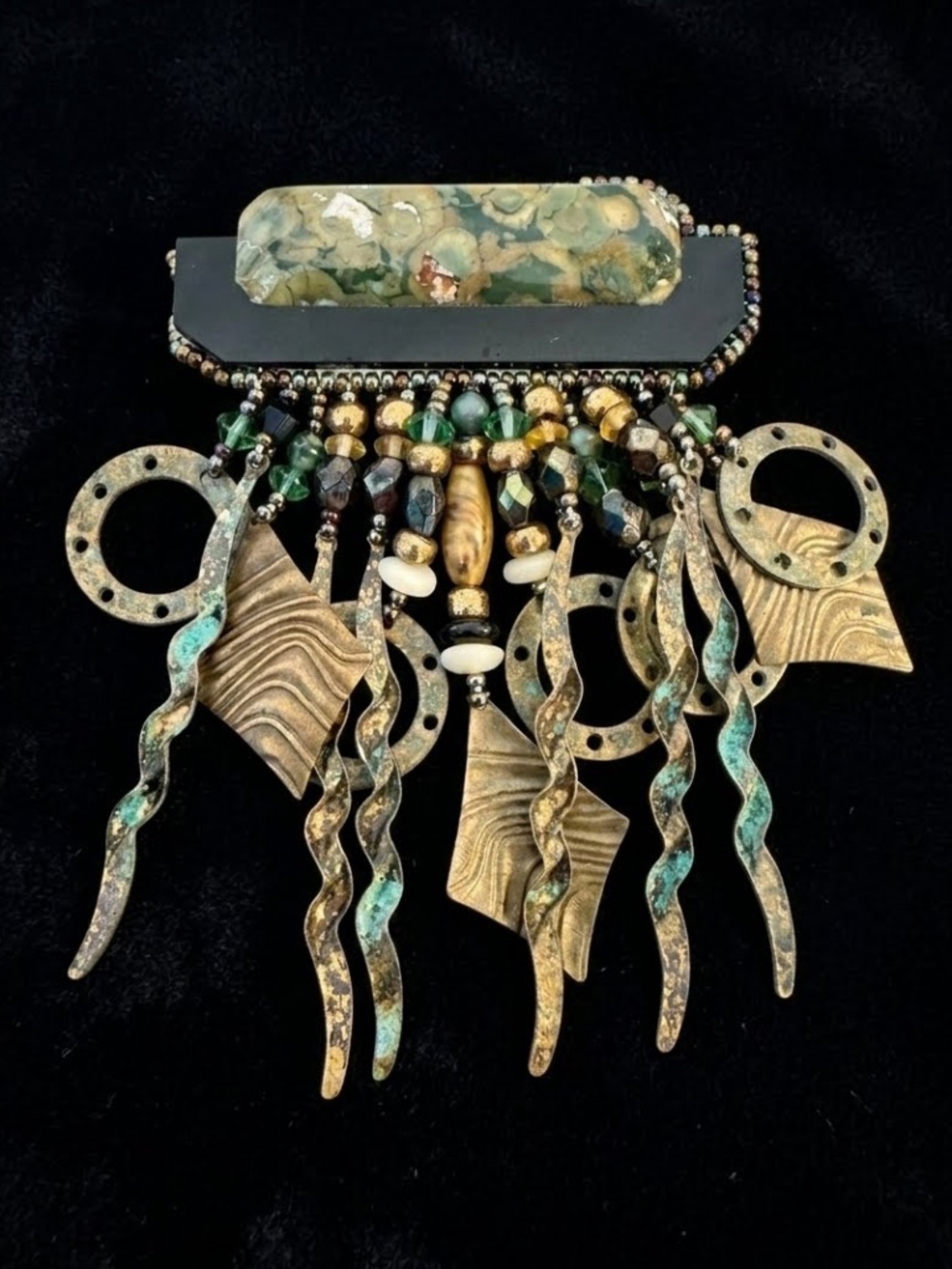 Vintage Chipita Mix Metal Dangle Brooch Jasper Stone Beaded Tassel Fringe Brooch